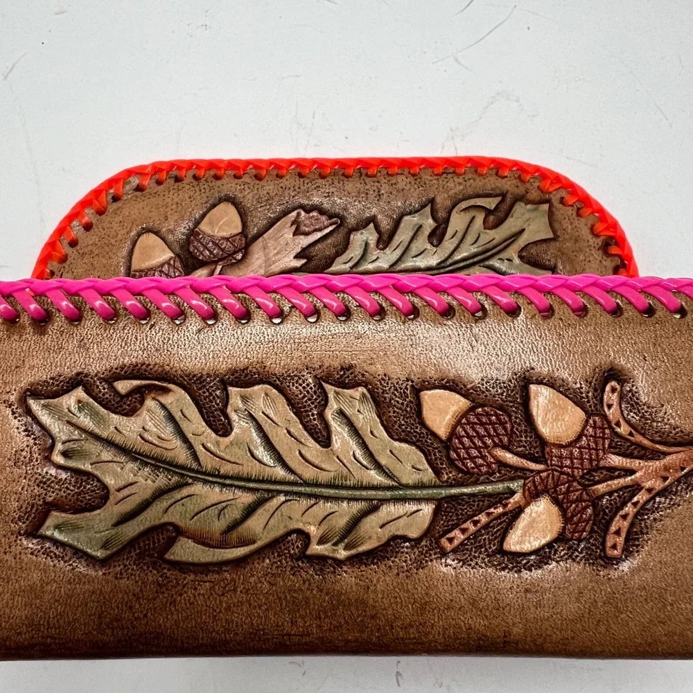 Vintage‎ Hand Tooled Leather Napkin Holder Oak Maple Leaf Neon Whipstitch Rustic